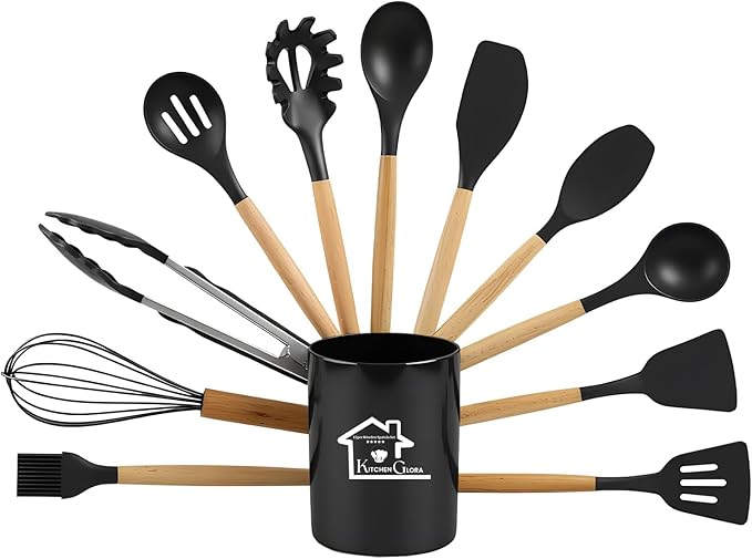 AEX 12 Pcs Silicone Kitchen Utensils Set with Holder Heat Resistant Cooking Utensils for Non Stick Pans, Wooden Handle Spatula & Spoon Set Kitchen Tools Set (Jet Black)