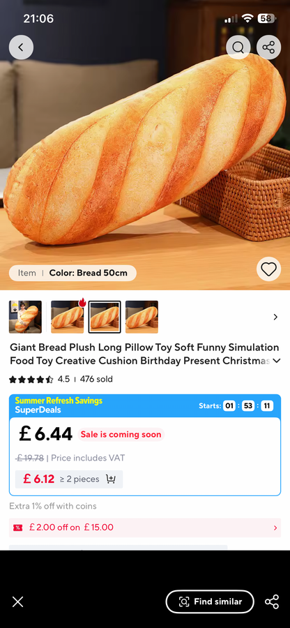 Giant Bread Plushy — Soft Realistic Bread Loaf Plush Toy (20cm & 50cm)
