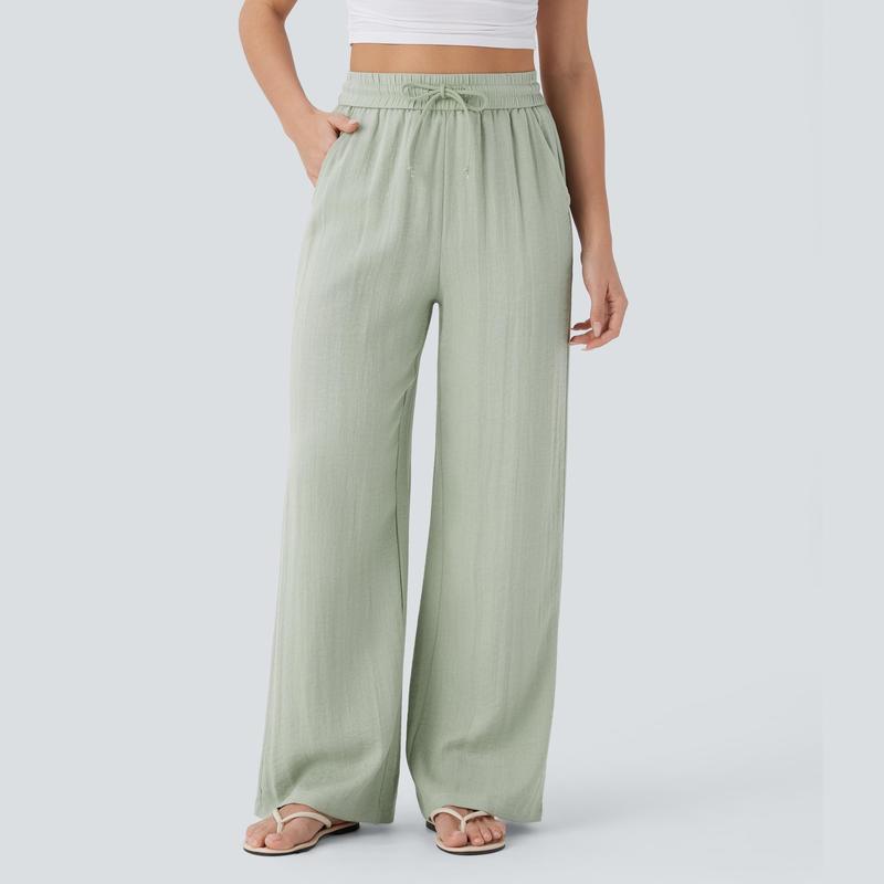 Halara High Waisted Wide Leg Linen-Feel Trousers with Side Pockets