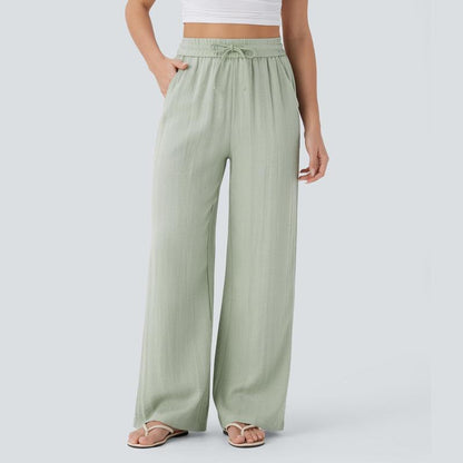 Halara High Waisted Wide Leg Linen-Feel Trousers with Side Pockets