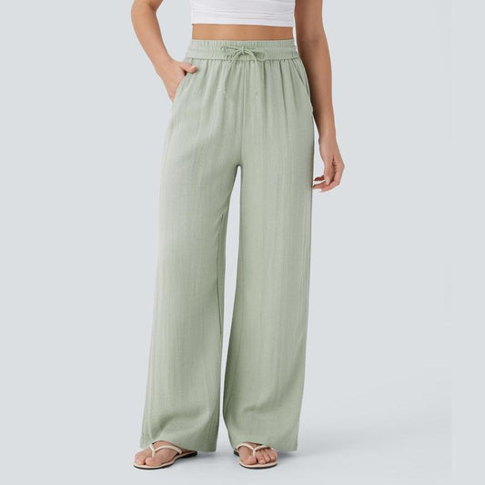 Halara High Waisted Wide Leg Linen-Feel Trousers with Side Pockets