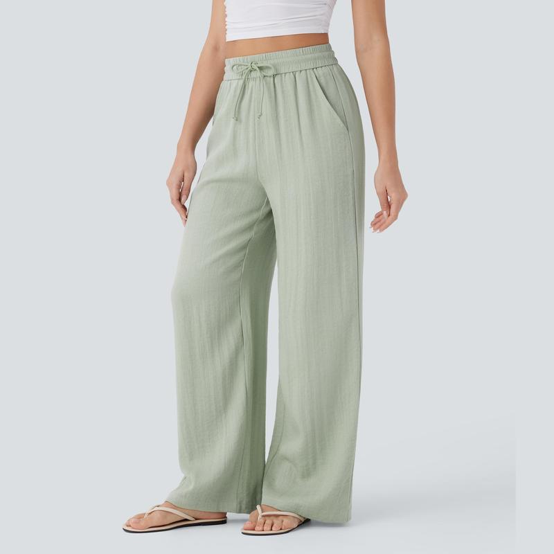 Halara High Waisted Wide Leg Linen-Feel Trousers with Side Pockets