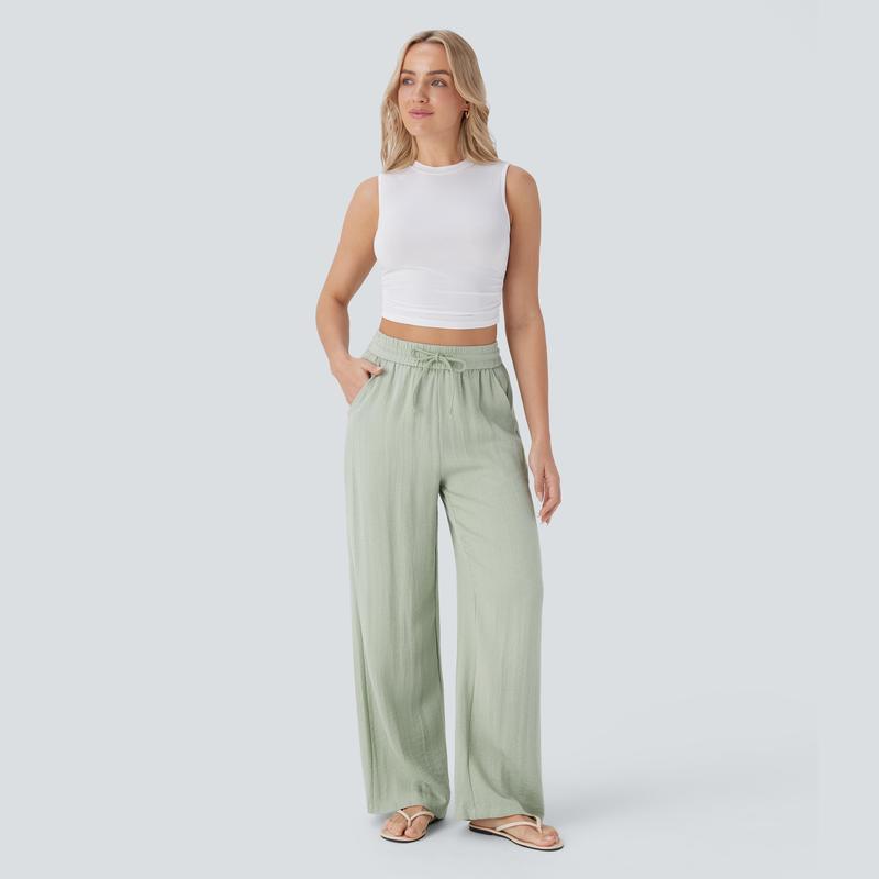 Halara High Waisted Wide Leg Linen-Feel Trousers with Side Pockets